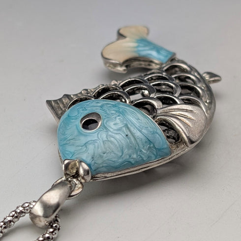 Vintage Sterling Silver Enamel Large Fish Pendant with Sterling Silver Necklace, 44g in total